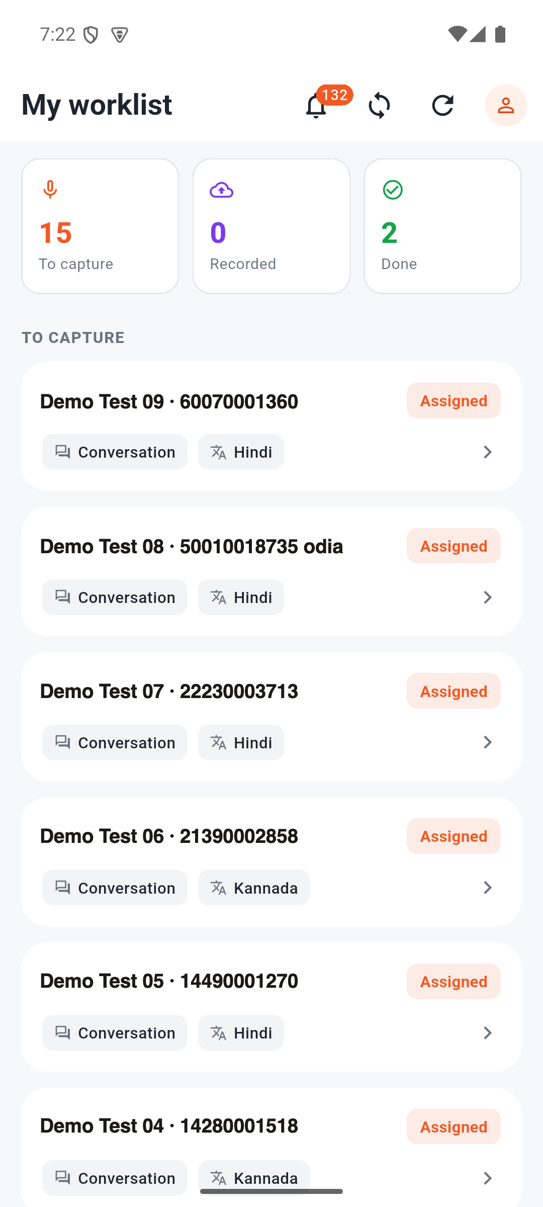XoreVoice worklist showing the day's assigned disclosures, available offline