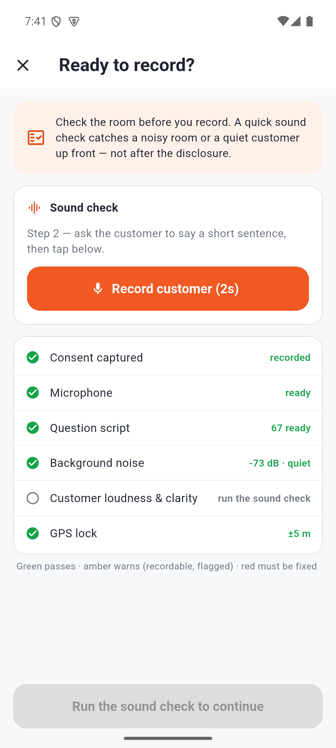 Pre-flight sound check measuring room noise and customer clarity