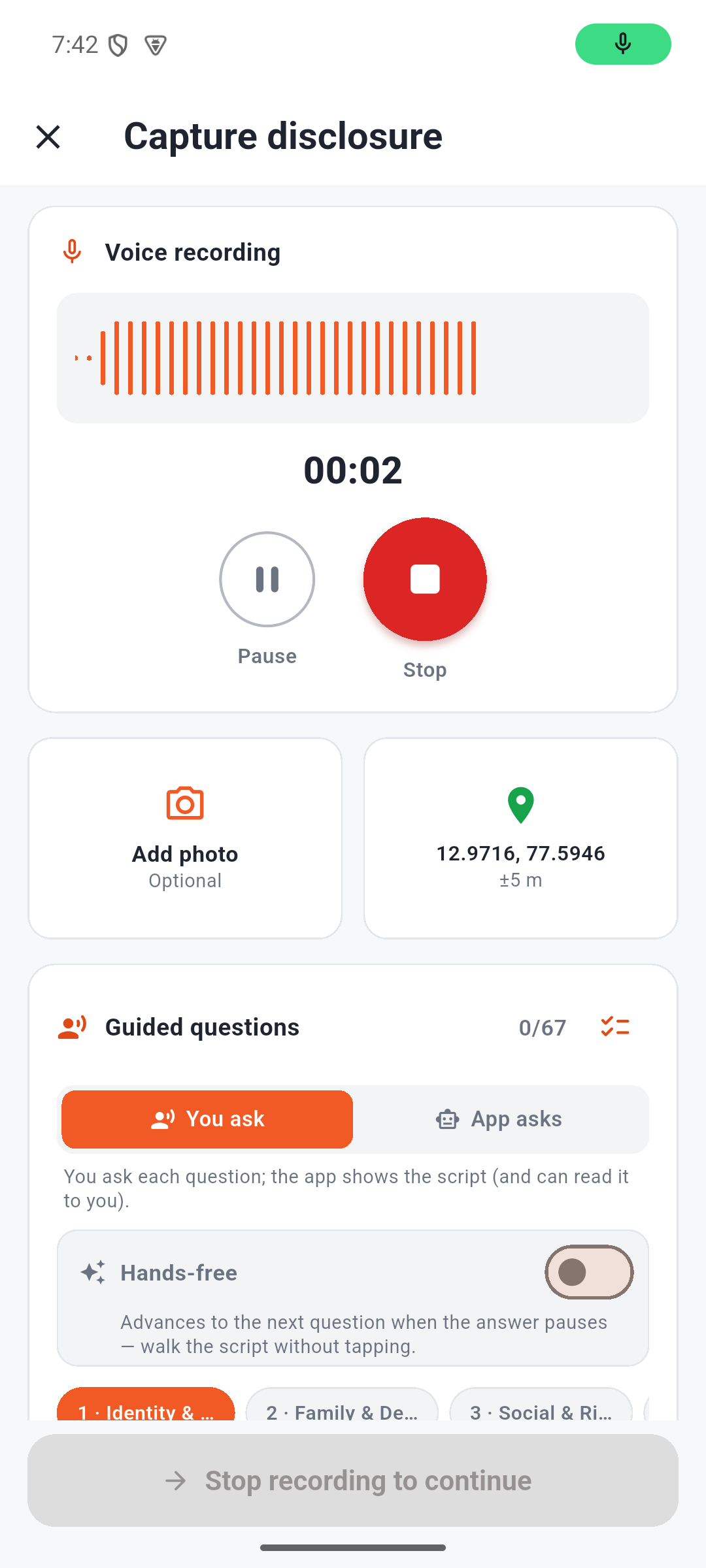 Live recording screen with an animated audio waveform and timer