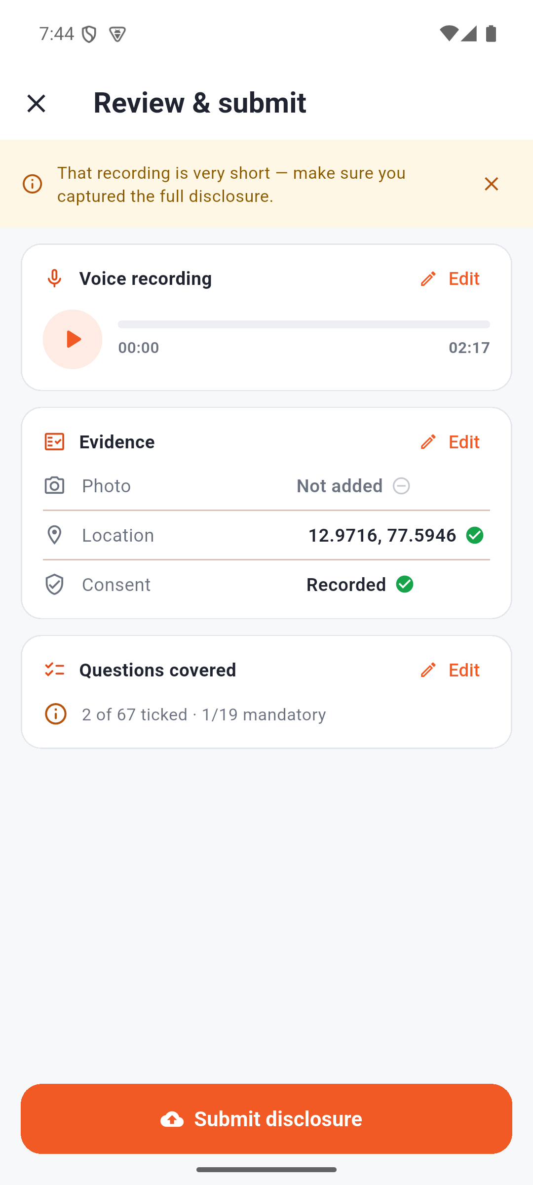 Review and submit screen showing recording, evidence and questions covered